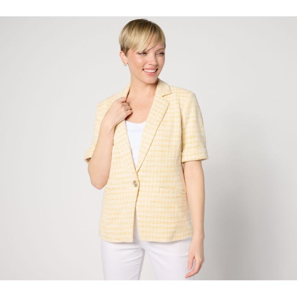 Susan Graver Women's Top Plus Sz 3X Knit Tweed Short Sleeve Blazer Yellow